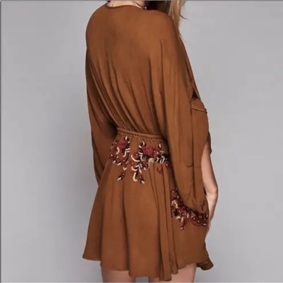 NWT Free People Pretty Pineapple Embroidered Dress S Brown Floral Boho V Neck - Picture 4 of 16